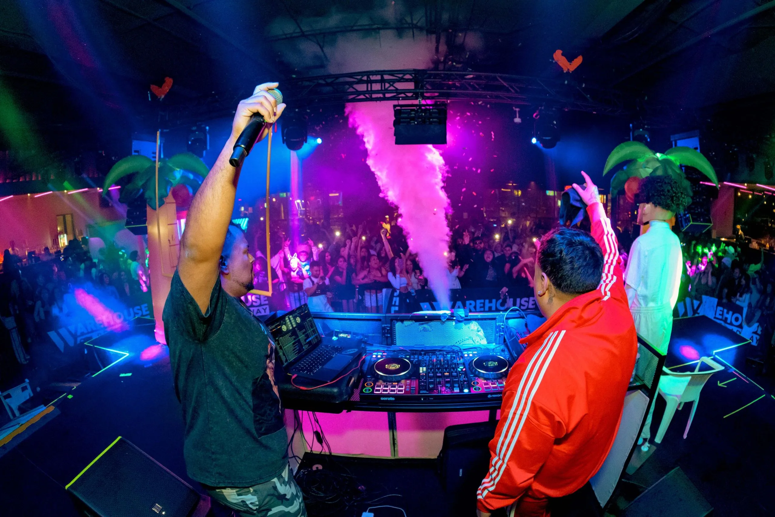 Two DJs behind the decks with their arms raised, smoke jets and inflatable palm trees over the crowd.