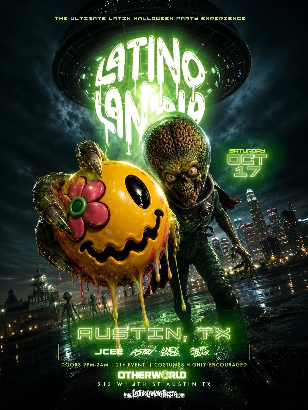 Latino Landia flyer for Austin, Texas on Saturday, October 17, 2026 at Otherworld. Doors 9pm, 21+.