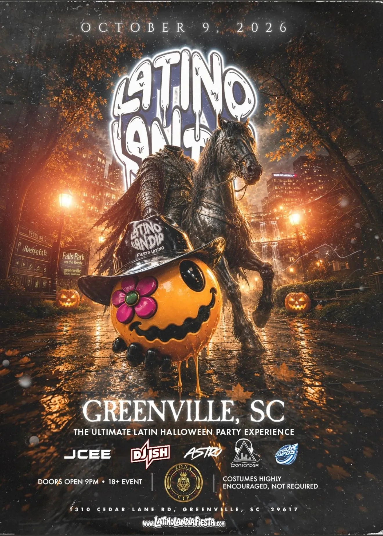 Latino Landia flyer for Greenville, SC, Friday, October 9, 2026
