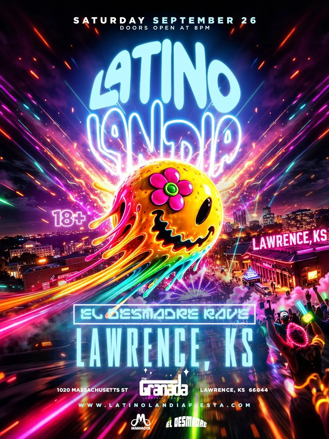 Latino Landia flyer for Lawrence, KS, Saturday, September 26, 2026, El Desmadre Rave