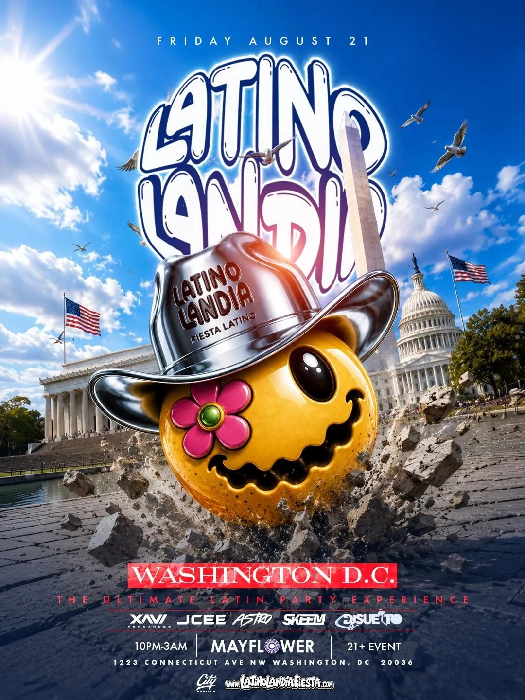 Latino Landia flyer for Washington, District of Columbia on Friday, August 21, 2026 at The Mayflower. Doors 10pm, 21+.